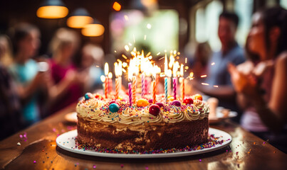 Joyful birthday celebration with a colorful cake adorned with lit candles, surrounded by a happy, blurry group of friends and family - obrazy, fototapety, plakaty