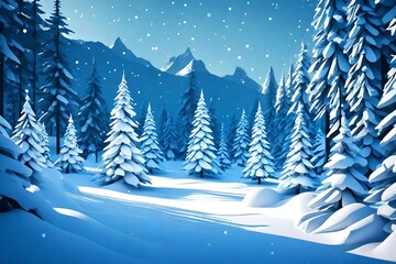 Merry christmas,Snow forest. pines in winter and mountain Paper vector Illustration 3d render 