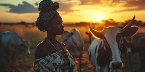 African Woman with Ankole Cattle at Sunset. Generative ai - obrazy, fototapety, plakaty