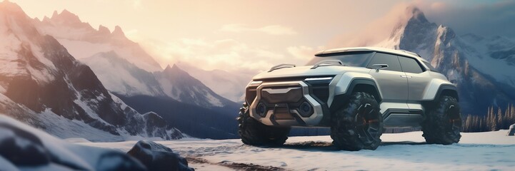 Futuristic All-Terrain Vehicle in a Snowy Mountain Landscape. Generative ai