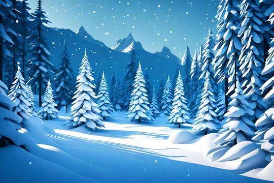 Merry christmas,Snow forest. pines in winter and mountain Paper vector Illustration 3d render 