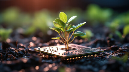 Green Seedling Growing from Computer Chip - obrazy, fototapety, plakaty