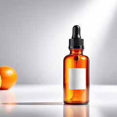 Orange glass bottle of vitamin C facial serum on a white background with oranges. Beautiful backdrop for your design with copy space.