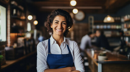 Friendly Cafe Owner Smiling in Her Coffee Shop