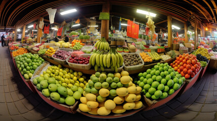Fisheye Lens View of Colorful Fruit Market Stall - obrazy, fototapety, plakaty