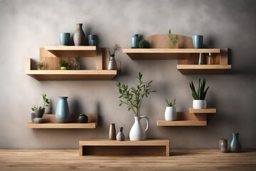 The room interior with mock up photo frame on the retro wooden shelf. Hanging plant in design pot,...