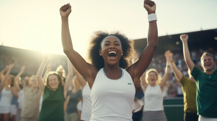 Female Tennis Player Celebrating Victory on Court - obrazy, fototapety, plakaty
