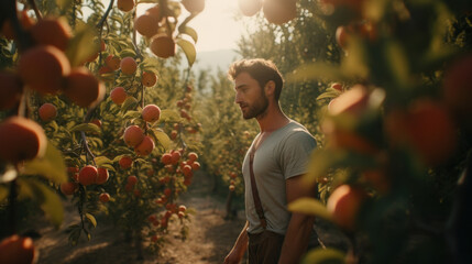 Farmer Inspecting Peach Orchard at Dusk - obrazy, fototapety, plakaty
