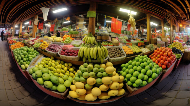 Fisheye Lens View of Colorful Fruit Market Stall