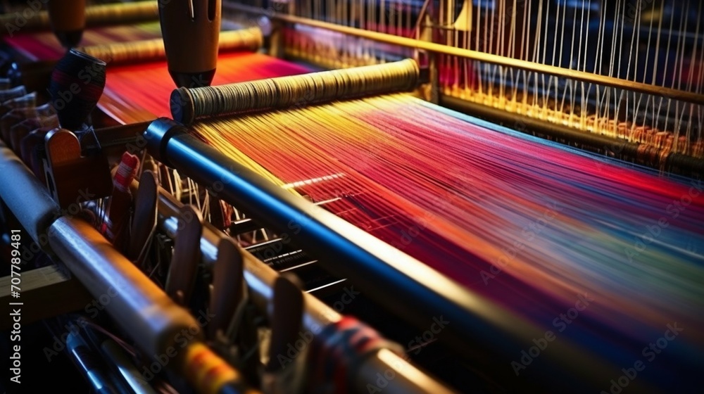 Poster traditional weaving loom creating colorful fabric. generative ai