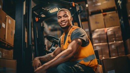 Warehouse Worker Operating a Forklift. Generative ai