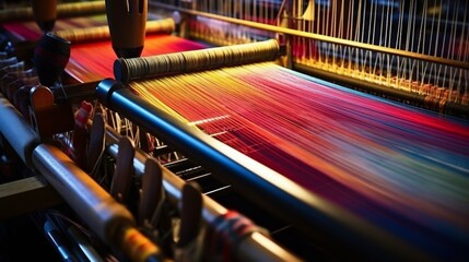 Traditional Weaving Loom Creating Colorful Fabric. Generative ai