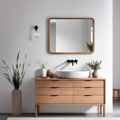 mirror-with-a-wooden-frame-mounted-on-a-white-wall-above-a-washstand-complemented-by-a-wooden-drawer