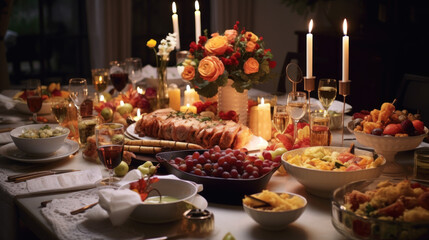 Fototapeta na wymiar Elegant Dinner Table with Candlelight and Feast