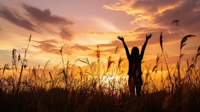 Silhouette photo of one woman standing in outdoor grasses field raising two hands in the air showing freedom relax emotion at twilight time with beautiful sunset.