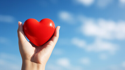 Fototapeta premium Hand holding red heart shape on sky background