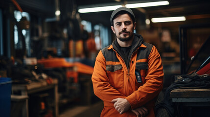 Confident Mechanic in Orange Workwear at Workshop
