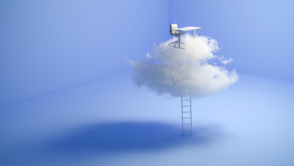 Success or career concept: A ladder leaning against a real cloud in a blue room. An office chair...