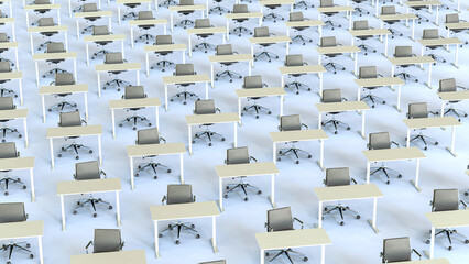 An endless amount of office desks and chairs in a large room. Full frame. Concept for mass...