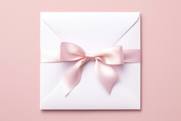 White envelope with pink ribbon isolated on light pink background. View from above. Gift card for newborn. Birthday. Valentines day.