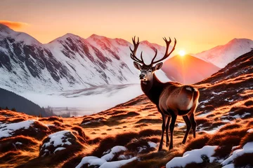 Fotobehang deer in the mountains at sunset © Vani