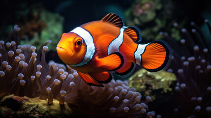 Fototapeta na wymiar Clownfish Swimming Near Sea Anemone