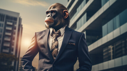 Chimpanzee in Business Suit before Modern Office Building