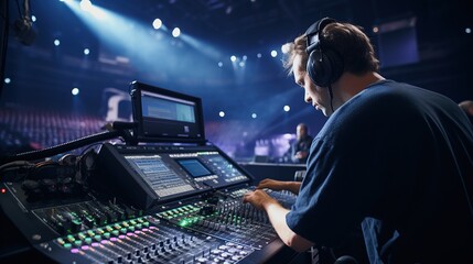 adjust the sound of music. sound producer. . working at the mixing console in the recording studio