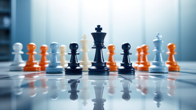 Chess Pieces on Board with King in Focus