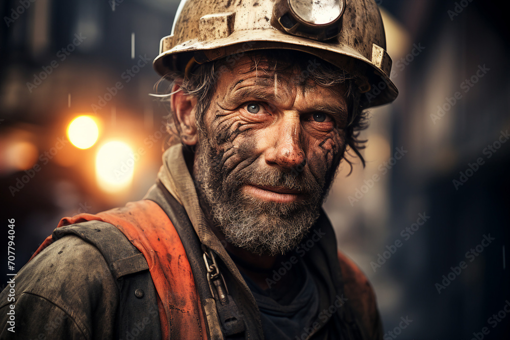 Poster male coal miners in protective helmet working and extracting vital energy resources generative ai
