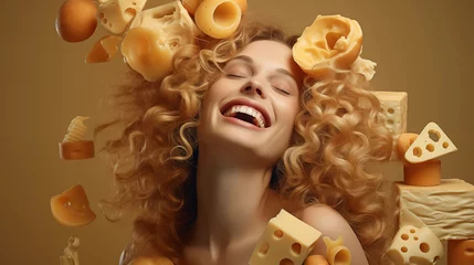 Fotobehang Sinnliches Portrait einer lachenden Frau mit Käse. Illustration © Jacqueline Weber