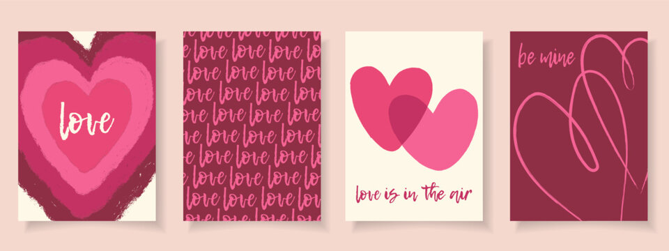 Set 4 trendy festive cards and trendy typography in flat vector style. Happy Valentines day concept. Hand drawn grunge textured hearts. Holiday seasonal decoration