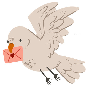 White bird bringing love letter, valentine cartoon illustration
