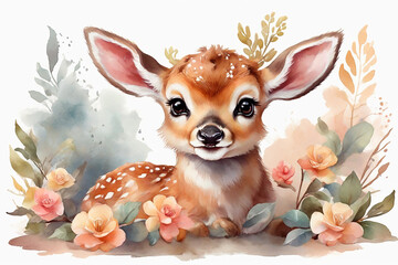 Cute little deer with flowers. Watercolor illustration for your design