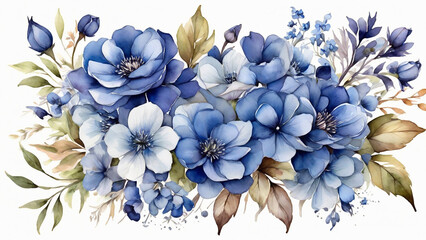 Beautiful vector card with blue flowers. Hand drawn watercolor illustration.