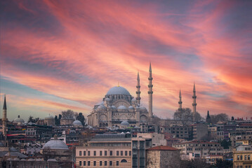 The Sultan Ahmed Mosque in Istanbul at sunset.