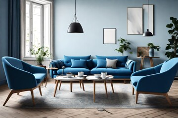 blue sofa and armchairs in scandinavian style home interior design of modern living room.  