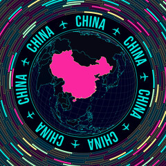 China on globe. Satellite view of the world centered on China. Bright neon style. Futuristic radial bricks background. Stylish vector illustration.