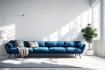 blue sofa against window near white wall with stone . Minimalist interior design of modern living room  