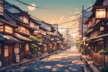 a beautiful japanese tokyo city town in the evening. houses at the street. anime comics artstyle....