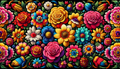 Mexican traditional flowers embroidery pattern on a black background	
 - obrazy, fototapety, plakaty