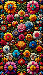 Fototapeta na wymiar Mexican traditional flowers embroidery pattern on a black background 