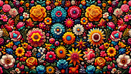 Fototapeta na wymiar Mexican traditional flowers embroidery pattern on a black background 