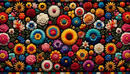 Fotobehang Mexican traditional flowers embroidery pattern on a black background   © Zense