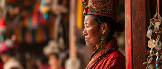 A woman wearing a red traditional dharma robe and an elaborate hat Showcase Women in traditional clothing - obrazy, fototapety, plakaty
