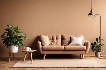 sofa, side table with potted plant against light brown wall with copy space. Scandinavian home interior design of modern living room.   - obrazy, fototapety, plakaty