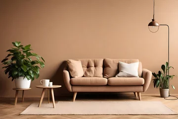 Foto op Canvas sofa, side table with potted plant against light brown wall with copy space. Scandinavian home interior design of modern living room.   © Sikandar Hayat