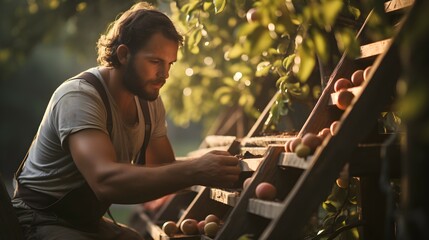 man in a garden collecting fruits  - obrazy, fototapety, plakaty