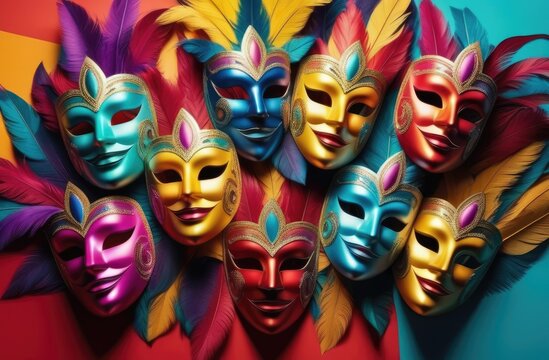 Bright multi-colored carnival masks with feathers.