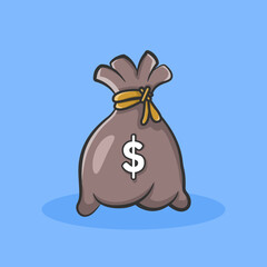Vector icon illustration of money sack with dollar sign and yellow rope designed in simple flat cartoon style. Single money bag. Investment financial concept design.